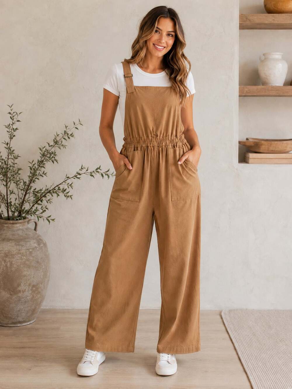 Roolee Brown Cotton Wide Leg Jumpsuit Overalls Adjustable Straps Women’s S